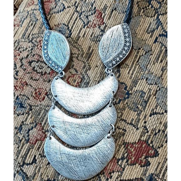 Chico's pewter tone large 7" pendant brushed metal black cord 28" - Picture 2 of 2